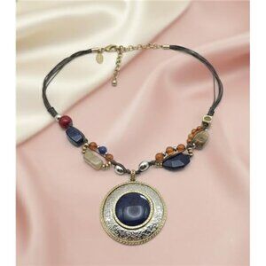 Chico’s Boho Medallion Pendant Necklace Gray Cord Faux Lucite Beads 22” Adj